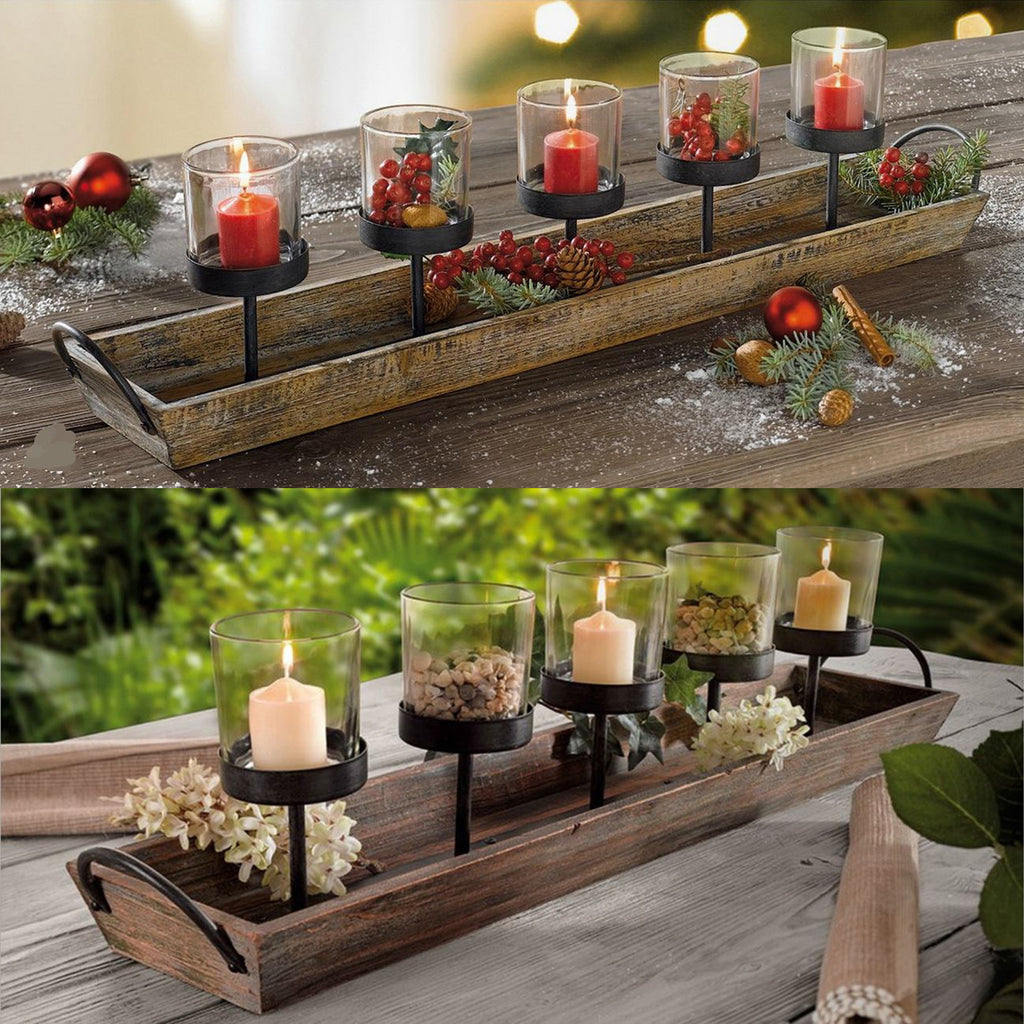 27.5 in. Rustic Wood Candle Centerpiece Tray w/ Five Metal Candle Holders, image size:1024x1024