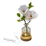 Real Touch 13 inch Artificial Plants White Magnolia Flowers in Glass Vase with Faux Water, River Stones, and Wood LED Display Base, Table Centerpiece, Home Decor