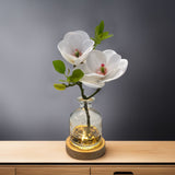 Real Touch 13 inch Artificial Plants White Magnolia Flowers in Glass Vase with Faux Water, River Stones, and Wood LED Display Base, Table Centerpiece, Home Decor