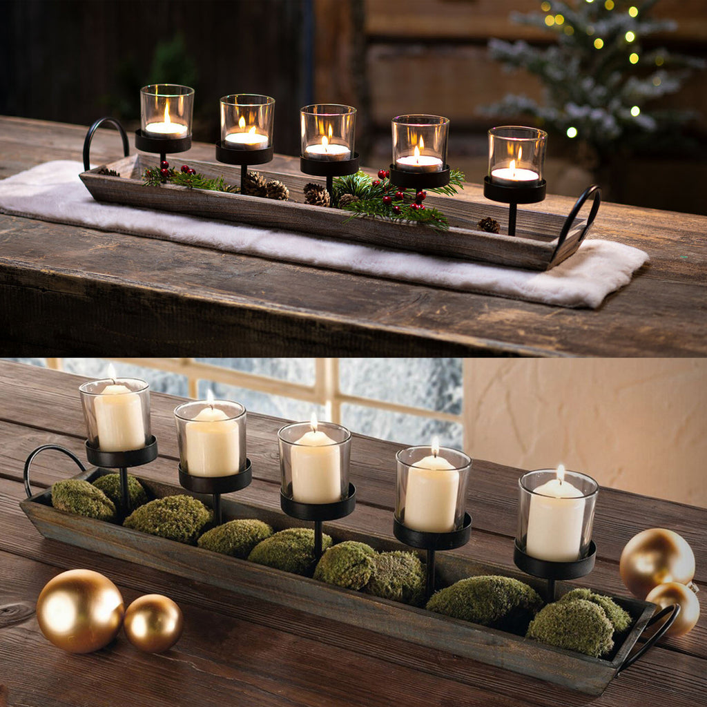 27.5 in. Rustic Wood Candle Centerpiece Tray w/ Five Metal Candle Hold –  Westcharm, image size:1024x1024