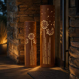 Set of 2 Rustic Solar LED Columns with Decorative Dandelion Motif for Home Yard Patio Outdoors