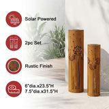 Set of 2 Rustic Solar LED Columns with Decorative Dandelion Motif for Home Yard Patio Outdoors