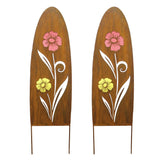 2PK Rustic Oval Top Metal Garden Picks with Red and Yellow Glass Flower Cutting