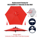 Replacement Umbrella Canopy Cover for 6.5 ft 6 Ribs Patio Market Umbrella (Canopy Only) - Red