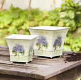 Cream Colored Square Metal Planters with Hydrangea Motif, Set of Two