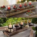 27.5 in. Rustic Wood Candle Centerpiece Tray w/ Five Metal Candle Holders