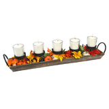 27.5 in. Rustic Wood Candle Centerpiece Tray w/ Five Metal Candle Holders