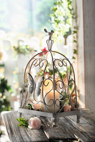 Decorative Metal Cage / Planter Decor / Candle Holder with Butterfly and Bird Accent