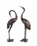 Garden Crane Pair Statue - Upright and Preening Heron Couple Metal Sculpture Set, Antique Bronze