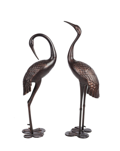 Metal Cranes for Yard Garden Sculpture Pair Statue - Upright and Preening Standing Crane Heron Couple Sculpture Set, Bronze Color