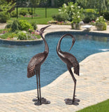 Antique Bronze Garden Crane Pair Statue - Upright and Preening Sculpture Set (Male 19" W x 10" D x 43.5" H; Female 12" W x 10" D x 39.5" H)