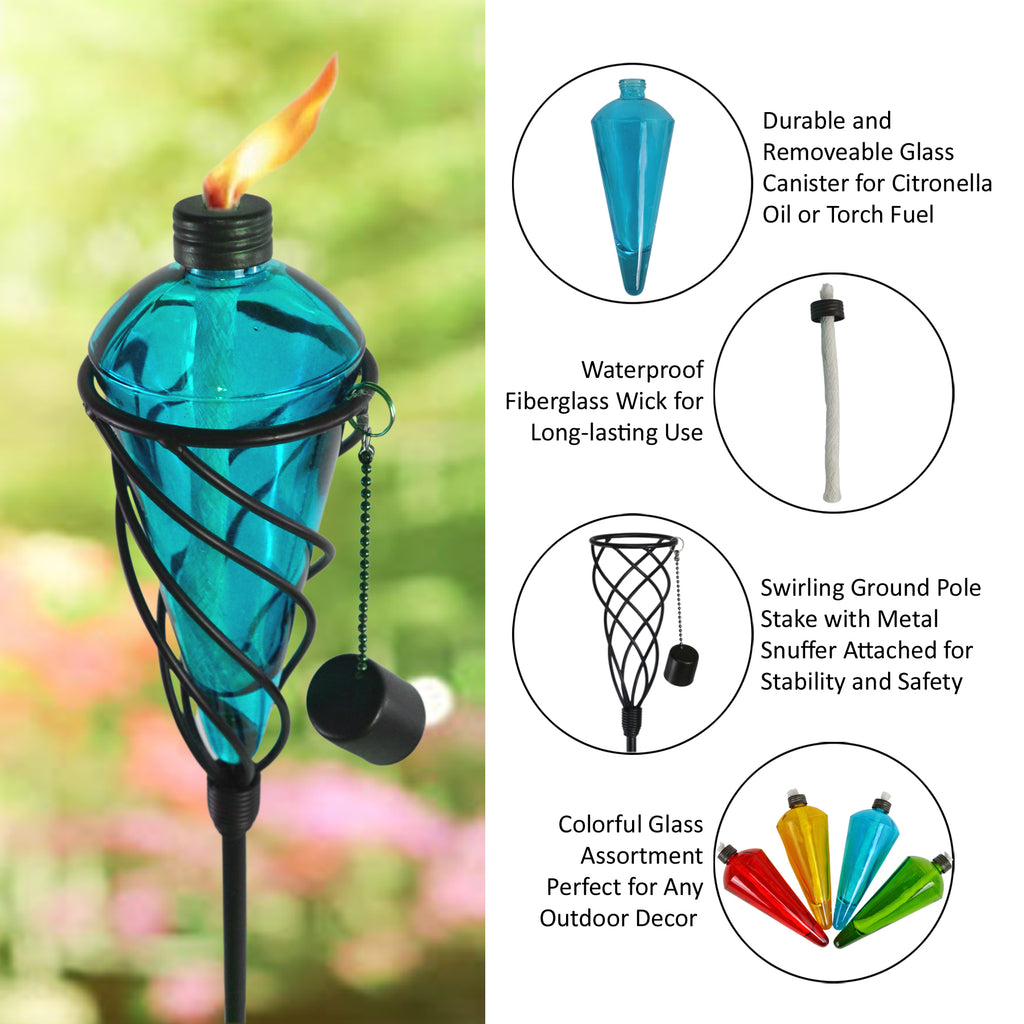 4 Pack 60 Inch Glass Garden Torch Light with Swirling Metal Ground Pol ...