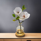 Real Touch 13 inch Artificial Plants White Magnolia Flowers in Glass Vase with Faux Water, River Stones, and Wood LED Display Base, Table Centerpiece, Home Decor