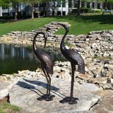 Antique Bronze Garden Crane Pair Statue - Upright and Preening Sculpture Set (Male 19" W x 10" D x 43.5" H; Female 12" W x 10" D x 39.5" H)