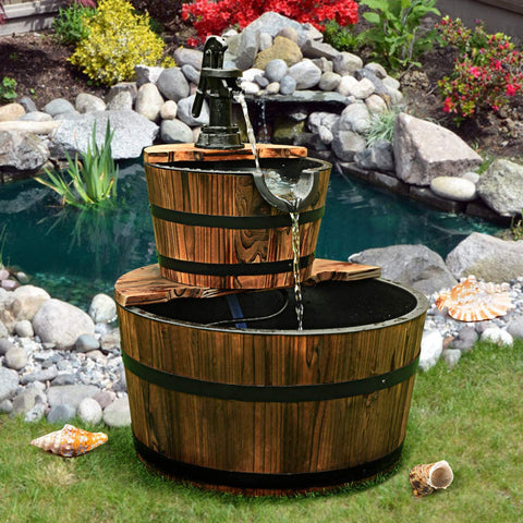 3 Gallons 23" 2_Tier Wood Barrel Water Fountains for Outdoors with Adjustable Pump