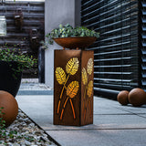 Rustic LED Pillar with Planter Dish Bowl and Timer - Decorative Column with Leaves Motif for Home Yard Patio Outdoors
