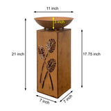 Rustic LED Pillar with Planter Dish Bowl and Timer - Decorative Column with Leaves Motif for Home Yard Patio Outdoors