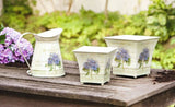 Cream Colored Square Metal Planters with Hydrangea Motif, Set of Two