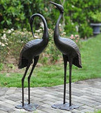 Antique Bronze Garden Crane Pair Statue - Upright and Preening Sculpture Set (Male 19" W x 10" D x 43.5" H; Female 12" W x 10" D x 39.5" H)