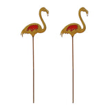 2PK Rustic Flamingo Metal Garden Picks with Red Glass Feather Accent