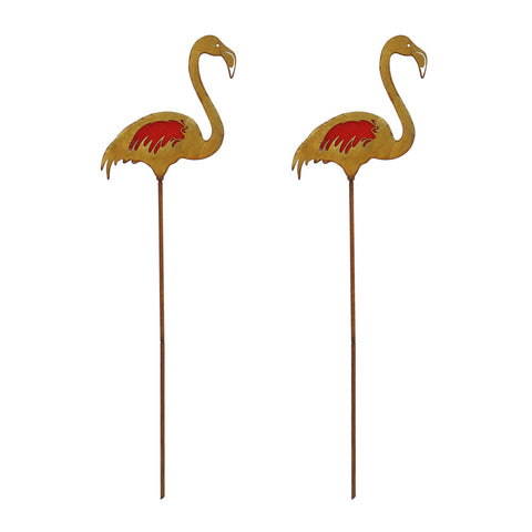 2PK Rustic Flamingo Metal Garden Picks with Red Glass Feather Accent