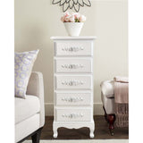 White Lingerie Dresser with 5 Drawers, Tall Skinny Storage Chest, Wood Nightstand, Shabby Chic Baby Clothes Nursery Storage, Drawer Storage, Free Standing Jewelry Chest