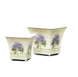 Cream Colored Square Metal Planters with Hydrangea Motif, Set of Two