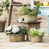 Metal Planter Tubs with Wooden Handles, Set of Three