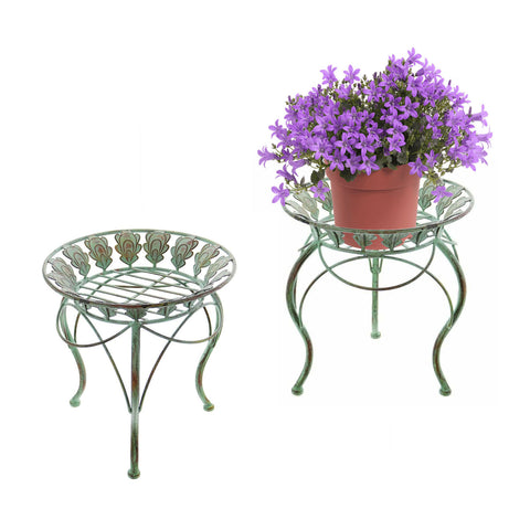 2PK 13" Round Metal Plant Stand w/ Peacock Tail Motif and Curved Legs