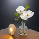 Real Touch 13 inch Artificial Plants White Magnolia Flowers in Glass Vase with Faux Water, River Stones, and Wood LED Display Base, Table Centerpiece, Home Decor